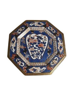Japanese Imari Octagon Porcelain Plate Floral Grape Blue Guilding Kutani 10"